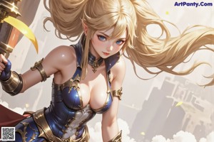 A woman with long blonde hair and blue eyes holding a sword.