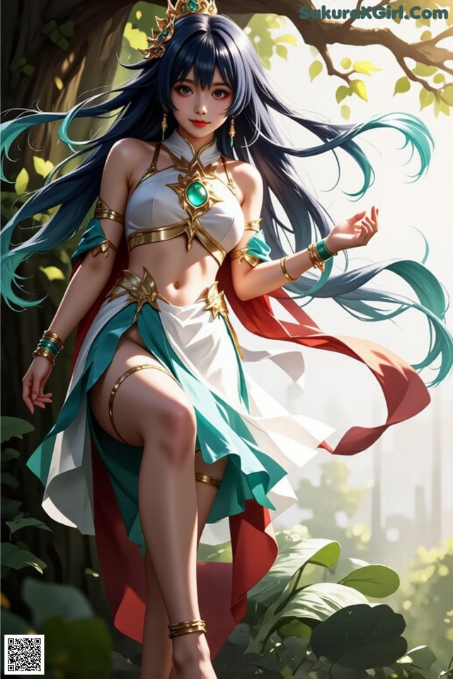 Hentai - Under the Radiance of Celestial Grace Set.1 20250106 Part 4 No.d6798e A woman with long blue hair wearing a white and green outfit.