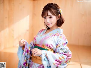 A woman in a pink and blue kimono posing for a picture.