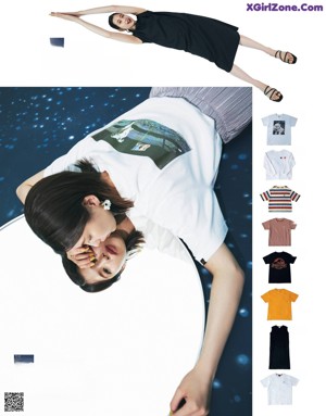 A magazine spread with a woman wearing a t-shirt and a skirt.