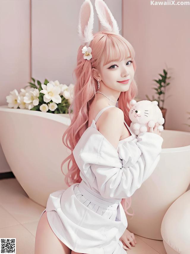 A woman with pink hair wearing bunny ears holding a teddy bear.