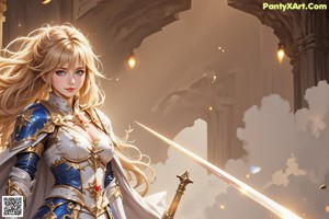 A woman with long blonde hair holding a sword.