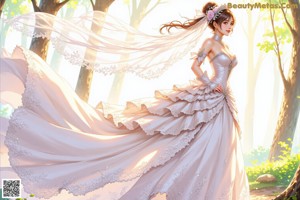 A woman in a wedding dress standing in the woods.