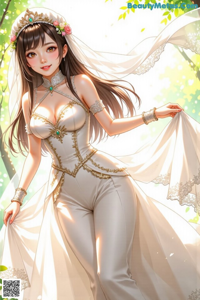 A woman in a wedding dress standing in the woods.