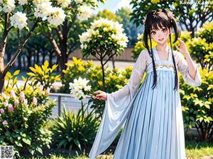 A woman in a white kimono holding a flower in a garden.