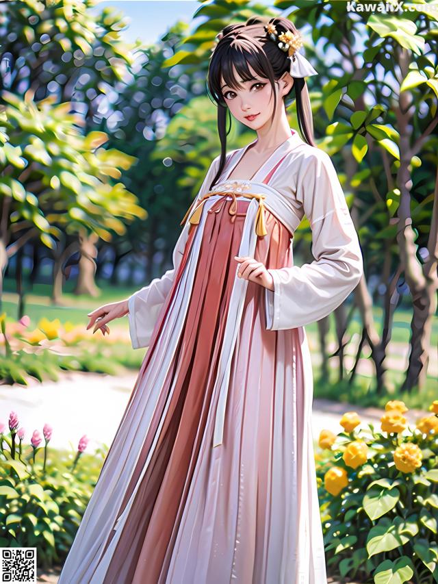 A woman in a long dress standing in a park.