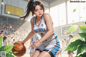 A woman in a basketball uniform dribbling a basketball on a court.