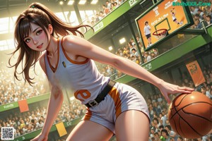 A woman in a white shirt and green shorts playing basketball.