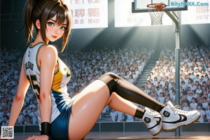A woman in a white shirt and green shorts playing basketball.