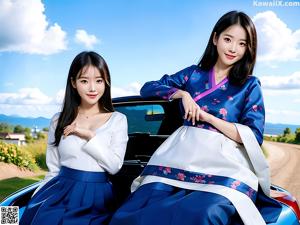 A woman in a pink and white hanbok is posing for a picture.