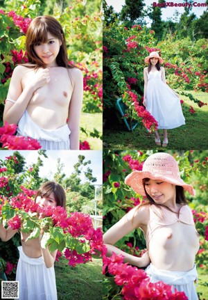 A naked asian woman standing in a field of flowers.