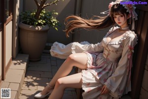 a woman in a white dress sitting on a bench