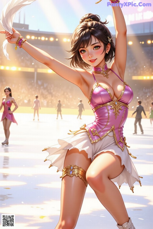 A woman in a pink and white outfit dancing on a ice rink.