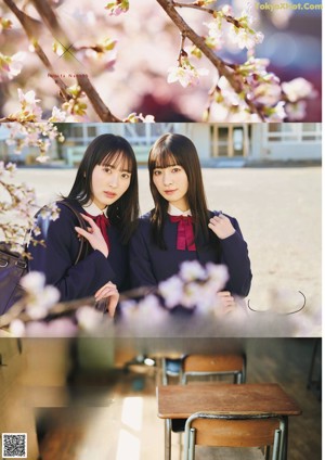 A couple of girls in school uniforms posing for a picture.