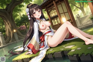 A naked anime girl in a kimono sitting on a bench.