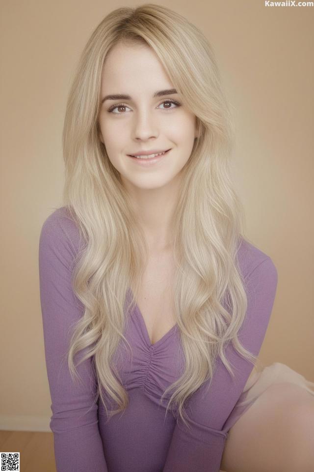 A woman with long blonde hair sitting on the floor.