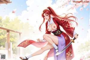 A woman in traditional attire stands by a cherry blossom tree, holding a sword.