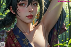 A woman in a kimono is posing in the woods.