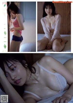 A woman in a white shirt is sitting on a bed.