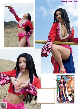 A woman in a red and pink outfit holding a snake.