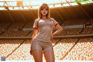 A girl in a soccer uniform standing next to a soccer ball.