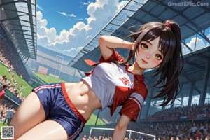 A woman in a soccer uniform standing on a soccer field.