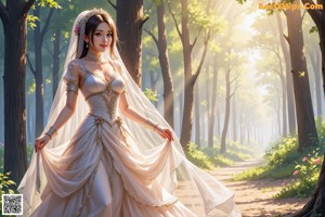 A woman in a wedding dress standing in a forest.