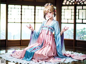 A woman in a white kimono sitting on a bed.