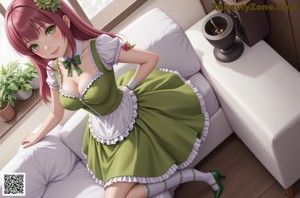 A woman in a green dress and white stockings.