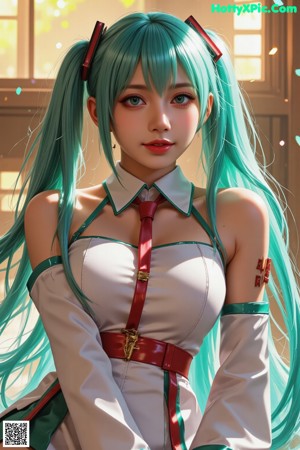 A girl with long green hair and a white shirt.