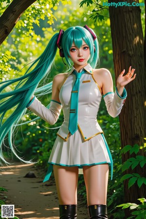 A woman with long green hair is posing for a picture.