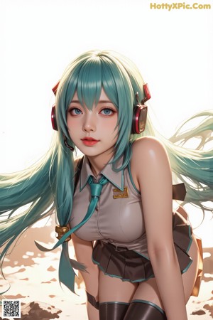 A woman with long blue hair wearing headphones.