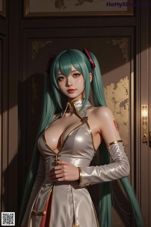 A girl with long green hair and a white shirt.