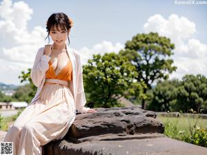 A woman in a yellow kimono sitting on a rock.