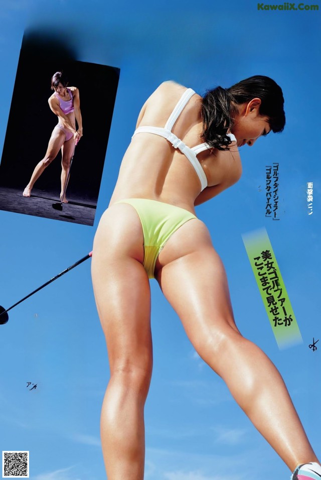 A woman in a bikini playing golf on a sunny day.