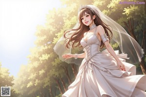 A woman in a wedding dress walking through a forest.