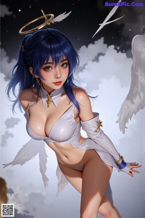 A woman in a blue and white dress sitting on the ground.
