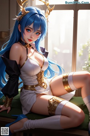 A woman with blue hair sitting on a window sill.