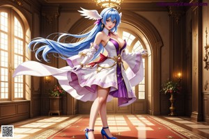 A woman in a white and blue outfit sitting on a chair.