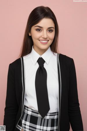 A woman in a red and black dress sitting on a bed.